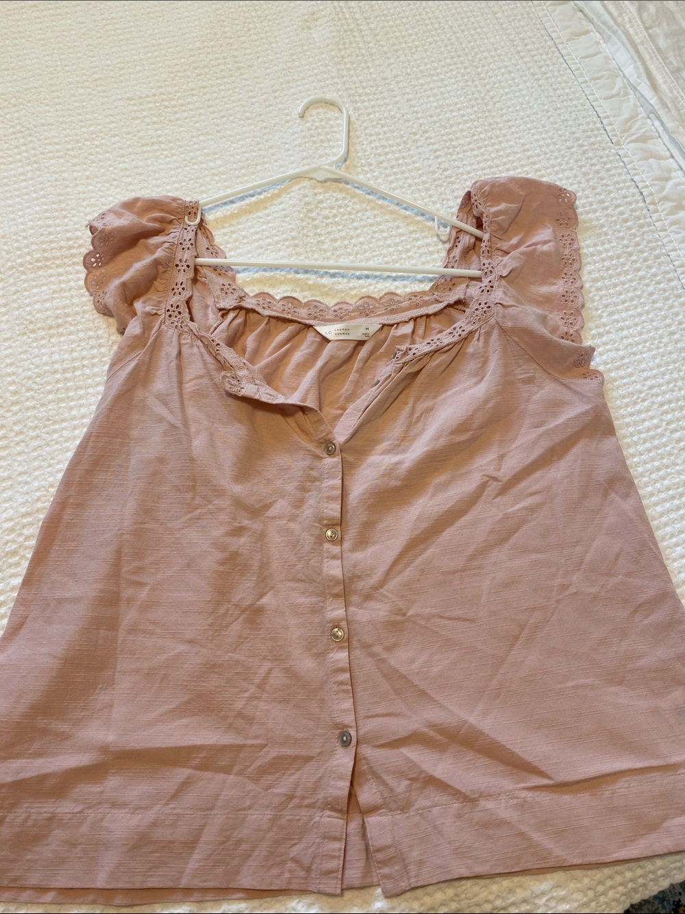 LC Lauren Conrad Blush Eyelet-Trim Button Front Chemise Top
